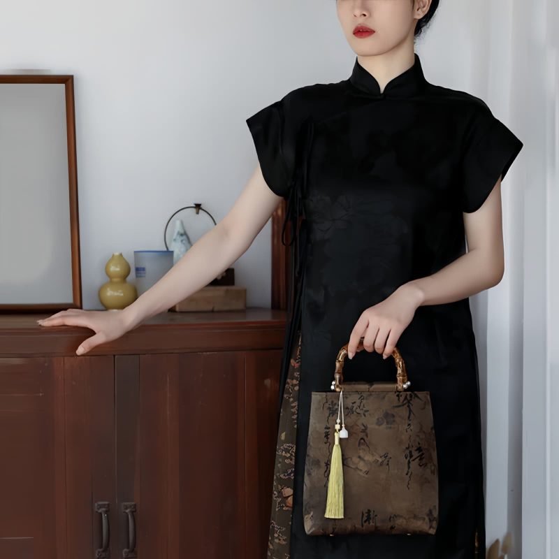 حقيبة يد من الخيزران مزينة برسومات سمكة الكوي والفراشة Butterfly Koi Fish Bamboo Handle Handbag