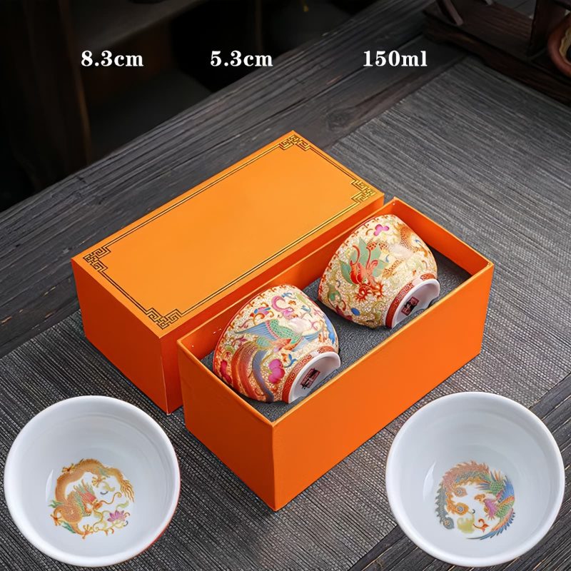 Juego de Tazas de Té de Dragón y Fénix de Cerámica Ceramic Dragon Phoenix Tea Cups Set