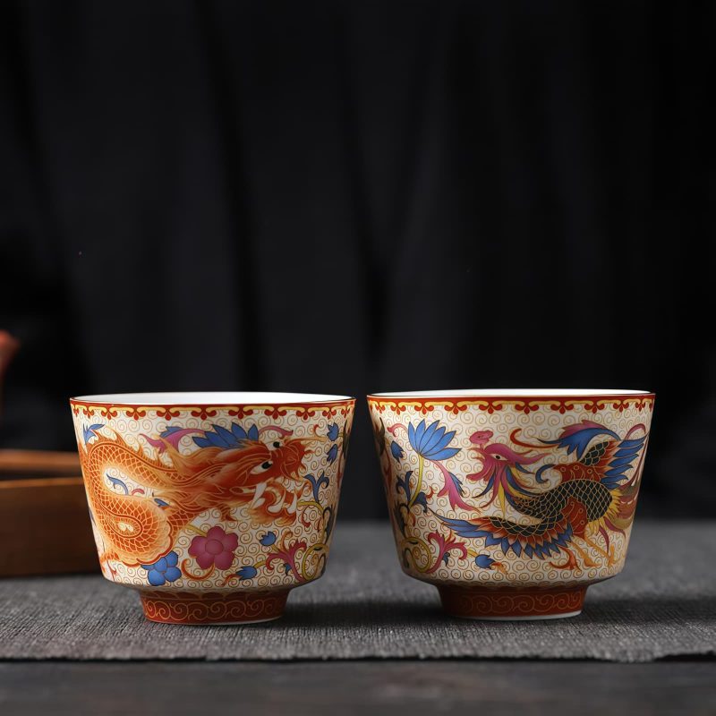 Juego de Tazas de Té de Dragón y Fénix de Cerámica Ceramic Dragon Phoenix Tea Cups Set