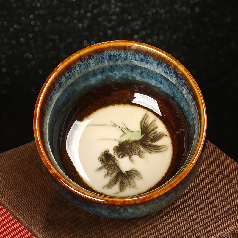 Tazón de té de cerámica Jianzhan chino con diseño de Loto, Dragón y Fénix Chinese Jianzhan Ceramic Teacup with Lotus Dragon Phoenix Design