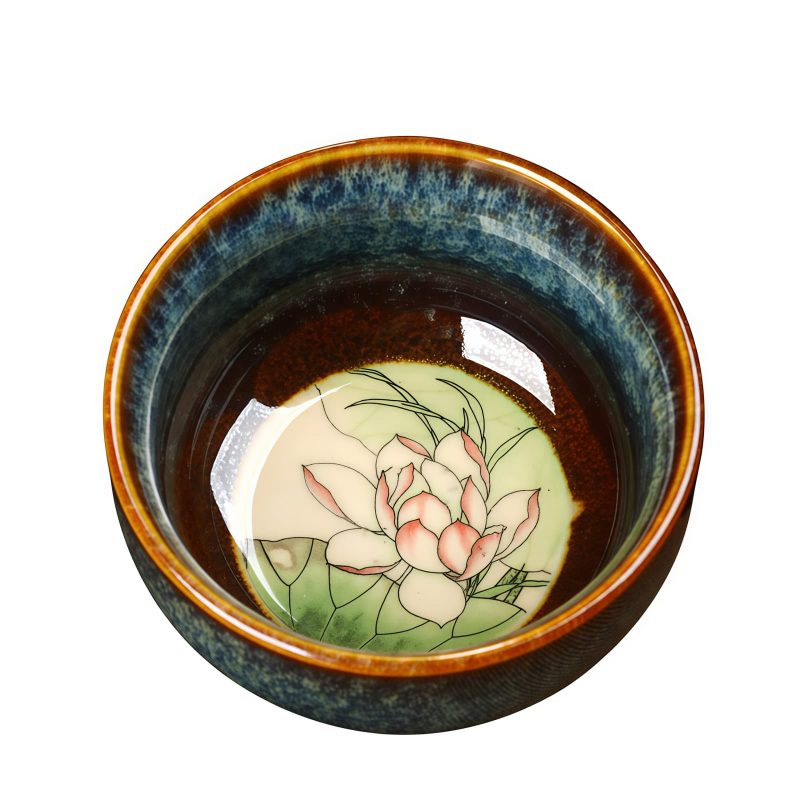 Tazón de té de cerámica Jianzhan chino con diseño de Loto, Dragón y Fénix Chinese Jianzhan Ceramic Teacup with Lotus Dragon Phoenix Design