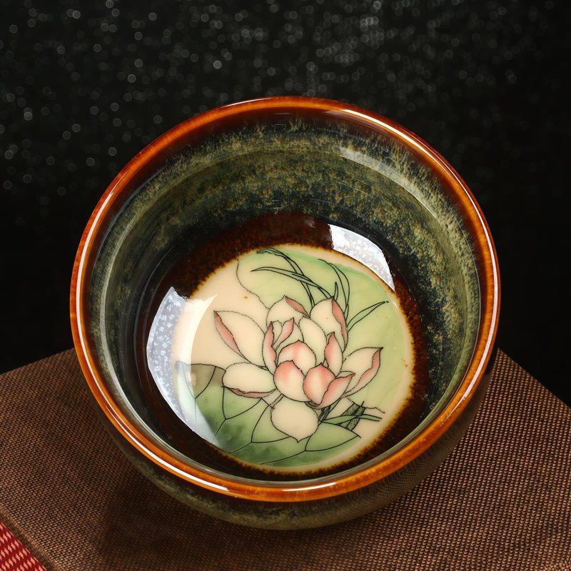 Tazón de té de cerámica Jianzhan chino con diseño de Loto, Dragón y Fénix Chinese Jianzhan Ceramic Teacup with Lotus Dragon Phoenix Design