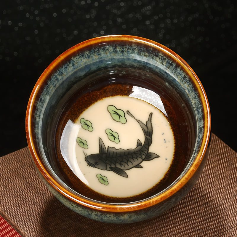 Tazón de té de cerámica Jianzhan chino con diseño de Loto, Dragón y Fénix Chinese Jianzhan Ceramic Teacup with Lotus Dragon Phoenix Design