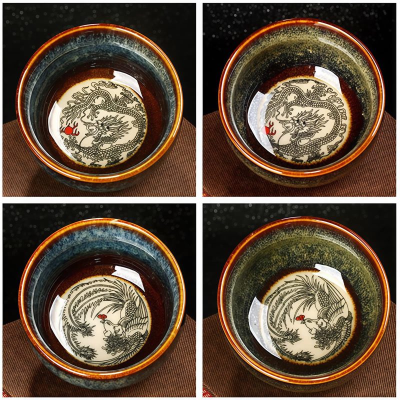 Tazón de té de cerámica Jianzhan chino con diseño de Loto, Dragón y Fénix Chinese Jianzhan Ceramic Teacup with Lotus Dragon Phoenix Design