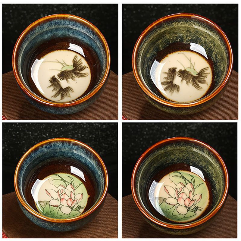 Tazón de té de cerámica Jianzhan chino con diseño de Loto, Dragón y Fénix Chinese Jianzhan Ceramic Teacup with Lotus Dragon Phoenix Design