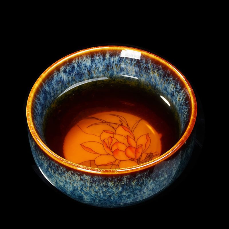 Tazón de té de cerámica Jianzhan chino con diseño de Loto, Dragón y Fénix Chinese Jianzhan Ceramic Teacup with Lotus Dragon Phoenix Design