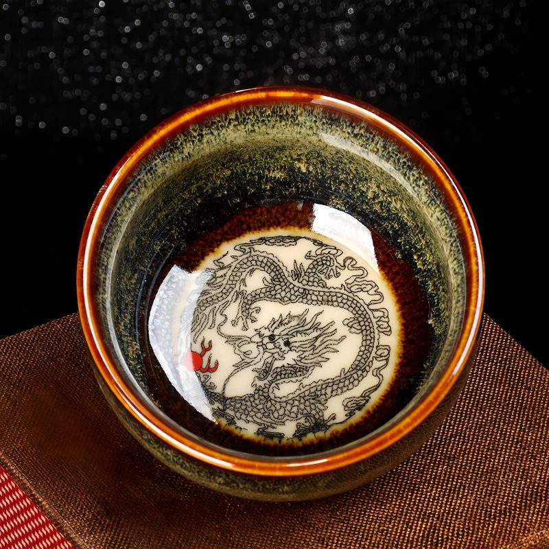 Tazón de té de cerámica Jianzhan chino con diseño de Loto, Dragón y Fénix Chinese Jianzhan Ceramic Teacup with Lotus Dragon Phoenix Design