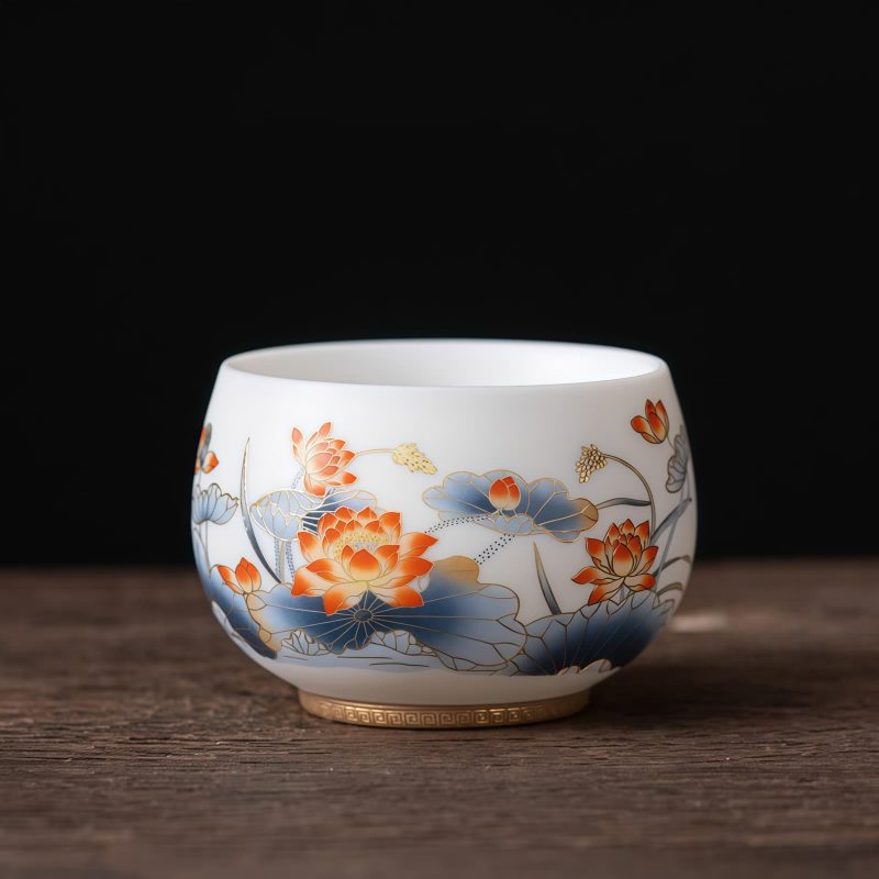 Taza de Té de Cerámica China con Diseño de Dragón Fénix y Pez Koi Chinese Ceramic Koi Fish Teacup with Phoenix Dragon Design