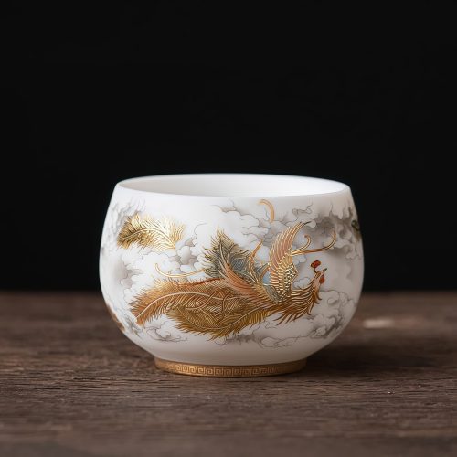 Taza de Té de Cerámica China con Diseño de Dragón Fénix y Pez Koi Taza de Té de Cerámica China con Diseño de Dragón Fénix y Pez Koi