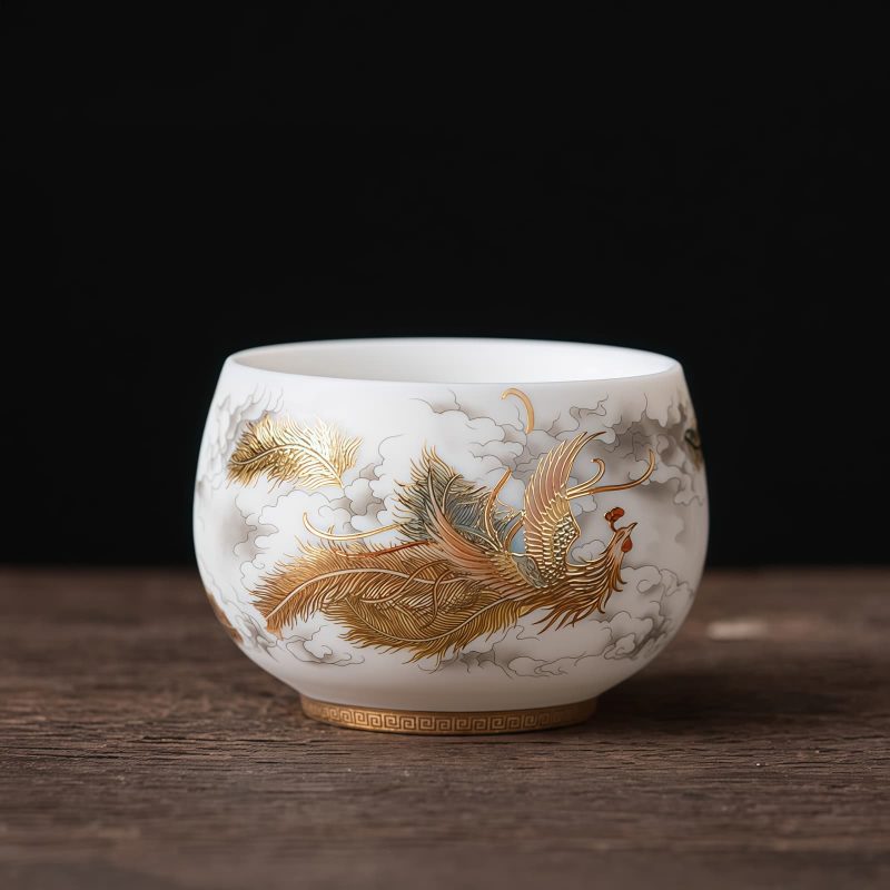 Taza de Té de Cerámica China con Diseño de Dragón Fénix y Pez Koi Chinese Ceramic Koi Fish Teacup with Phoenix Dragon Design