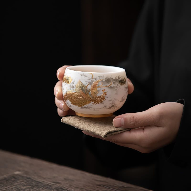 Taza de Té de Cerámica China con Diseño de Dragón Fénix y Pez Koi Chinese Ceramic Koi Fish Teacup with Phoenix Dragon Design