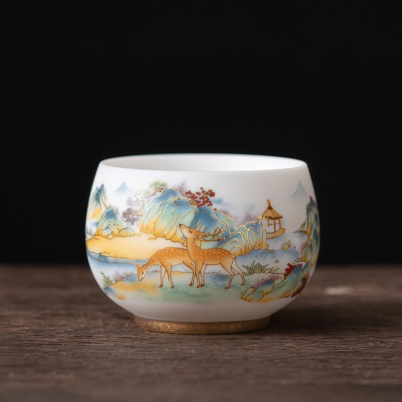 Taza de Té de Cerámica China con Diseño de Dragón Fénix y Pez Koi Chinese Ceramic Koi Fish Teacup with Phoenix Dragon Design