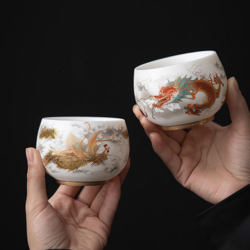 Taza de Té de Cerámica China con Diseño de Dragón Fénix y Pez Koi Taza de Té de Cerámica China con Diseño de Dragón Fénix y Pez Koi