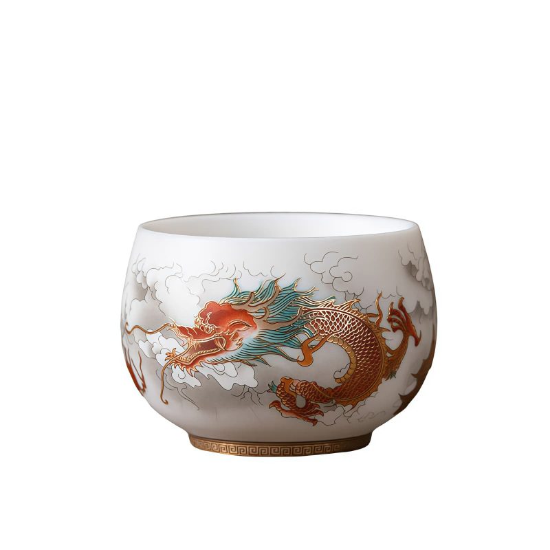 Taza de Té de Cerámica China con Diseño de Dragón Fénix y Pez Koi Chinese Ceramic Koi Fish Teacup with Phoenix Dragon Design