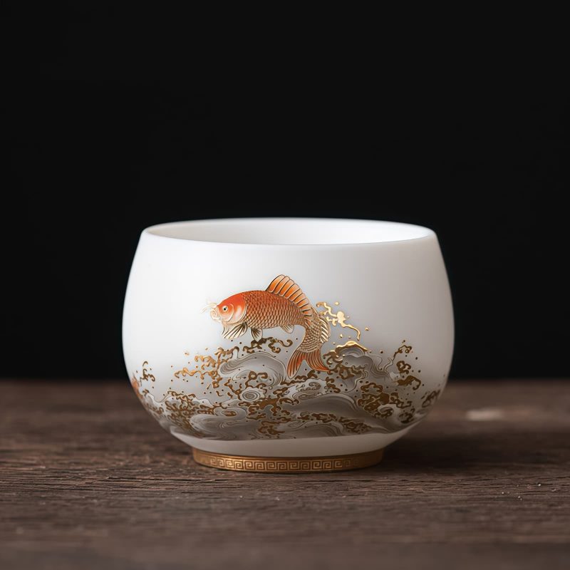Taza de Té de Cerámica China con Diseño de Dragón Fénix y Pez Koi Chinese Ceramic Koi Fish Teacup with Phoenix Dragon Design