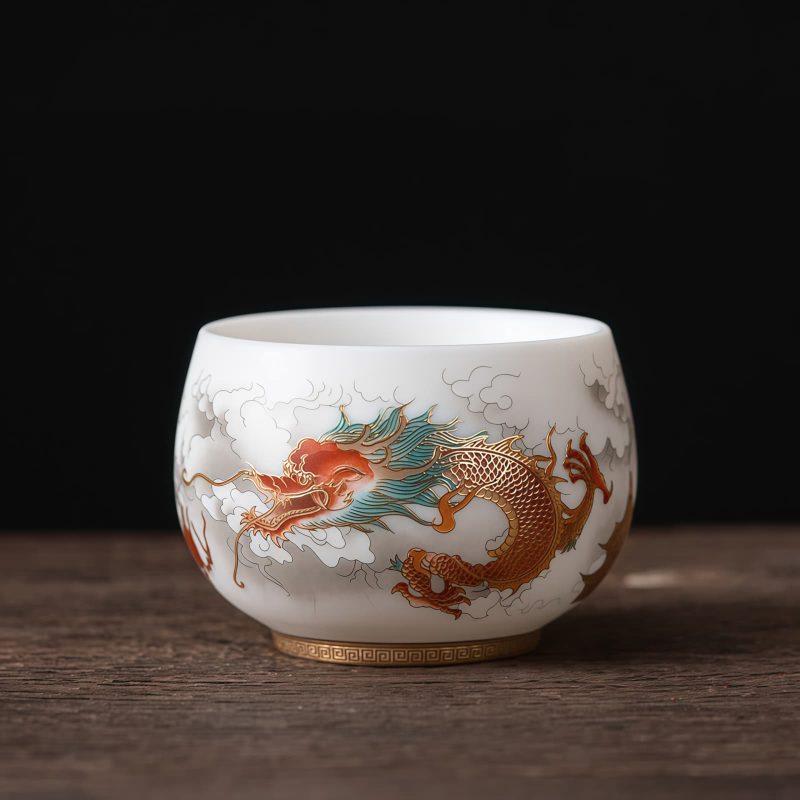 Taza de Té de Cerámica China con Diseño de Dragón Fénix y Pez Koi Chinese Ceramic Koi Fish Teacup with Phoenix Dragon Design