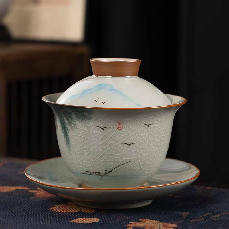 Juego de Taza de Té Gaiwan de Cerámica China con Pez Koi, Plato y Tapa Chinese Ceramic Gaiwan Koi Fish Teacup Set with Saucer and Lid