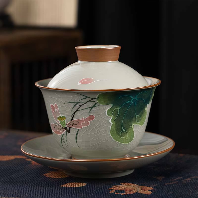 Juego de Taza de Té Gaiwan de Cerámica China con Pez Koi, Plato y Tapa Chinese Ceramic Gaiwan Koi Fish Teacup Set with Saucer and Lid