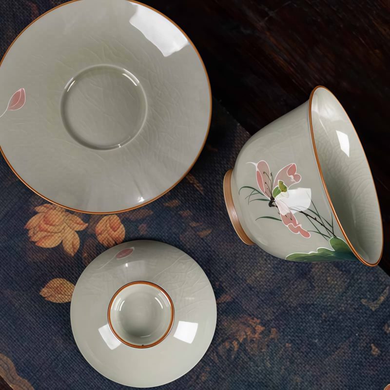 Juego de Taza de Té Gaiwan de Cerámica China con Pez Koi, Plato y Tapa Chinese Ceramic Gaiwan Koi Fish Teacup Set with Saucer and Lid