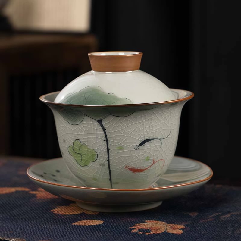 Juego de Taza de Té Gaiwan de Cerámica China con Pez Koi, Plato y Tapa Chinese Ceramic Gaiwan Koi Fish Teacup Set with Saucer and Lid
