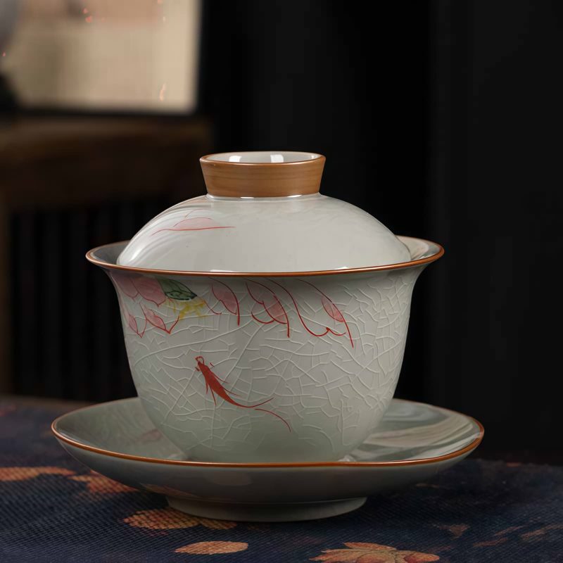 Juego de Taza de Té Gaiwan de Cerámica China con Pez Koi, Plato y Tapa Chinese Ceramic Gaiwan Koi Fish Teacup Set with Saucer and Lid