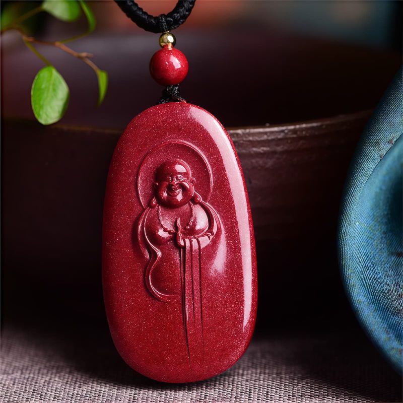Collar con colgante de cinabrio: Buda sonriente, Yin Yang Cinnabar Laughing Buddha Yin Yang Pendant Necklace