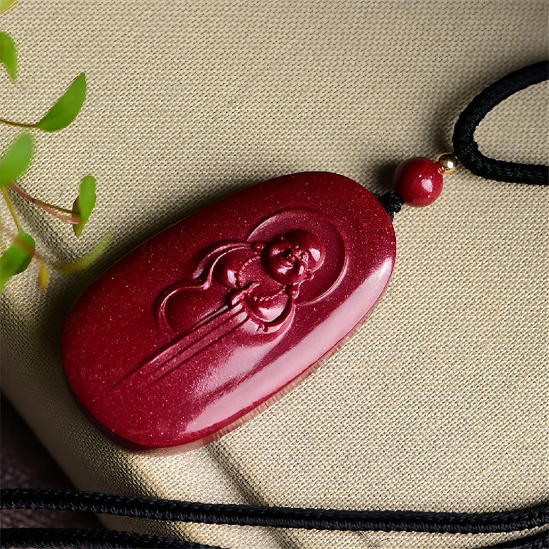 Collar con colgante de cinabrio: Buda sonriente, Yin Yang Cinnabar Laughing Buddha Yin Yang Pendant Necklace