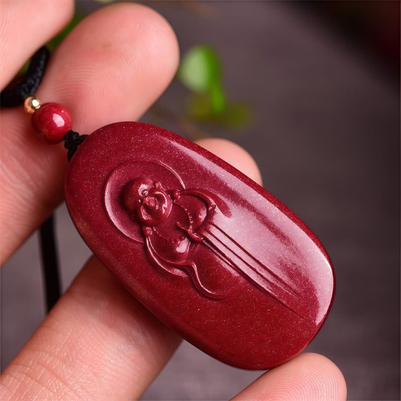 Collar con colgante de cinabrio: Buda sonriente, Yin Yang Cinnabar Laughing Buddha Yin Yang Pendant Necklace