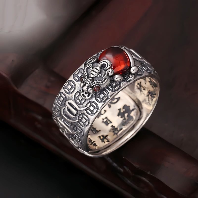 銅製ガーネット貔貅(ピクシー)調節可能リング - 富と繁栄を招くお守り Copper Garnet PiXiu Wealth Adjustable Ring