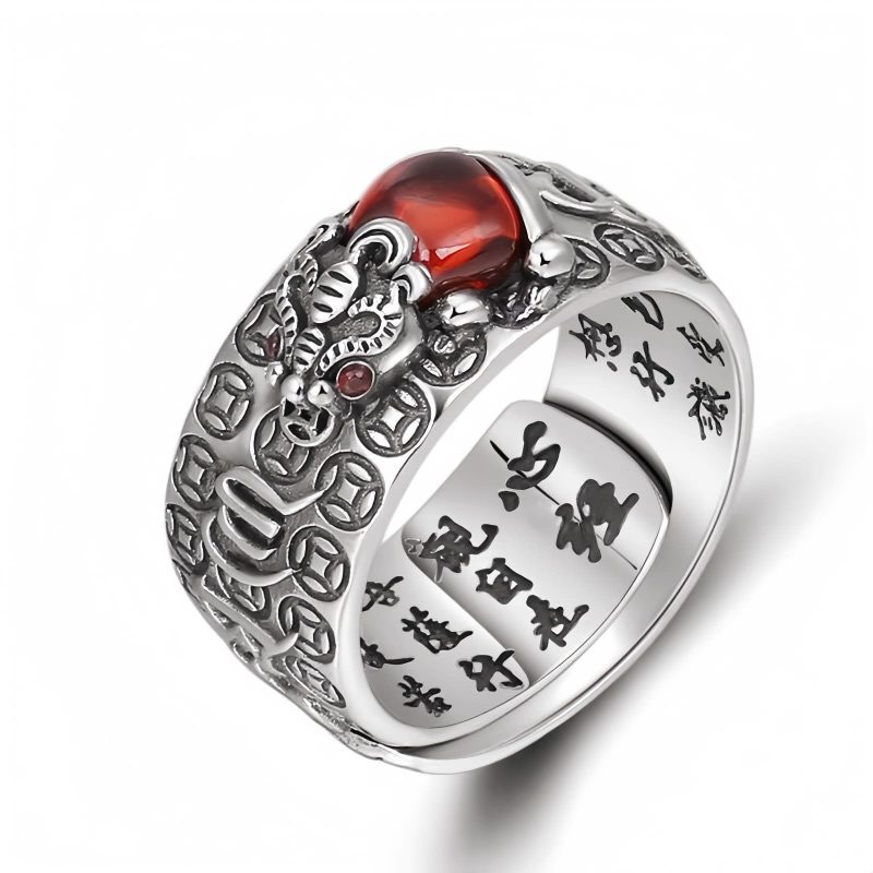 銅製ガーネット貔貅(ピクシー)調節可能リング - 富と繁栄を招くお守り Copper Garnet PiXiu Wealth Adjustable Ring