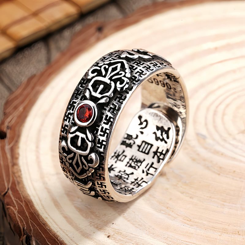 銅製ガーネット貔貅(ピクシー)調節可能リング - 富と繁栄を招くお守り Copper Garnet PiXiu Wealth Adjustable Ring