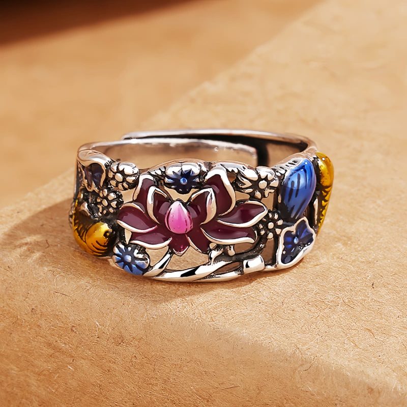 Anillo de la Suerte con Carpa Koi y Loto de Cobre Copper Koi Fish Lotus Luck Ring
