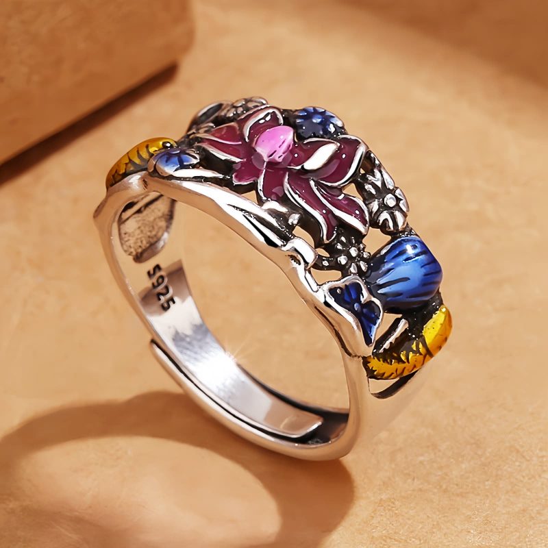 Anillo de la Suerte con Carpa Koi y Loto de Cobre Copper Koi Fish Lotus Luck Ring