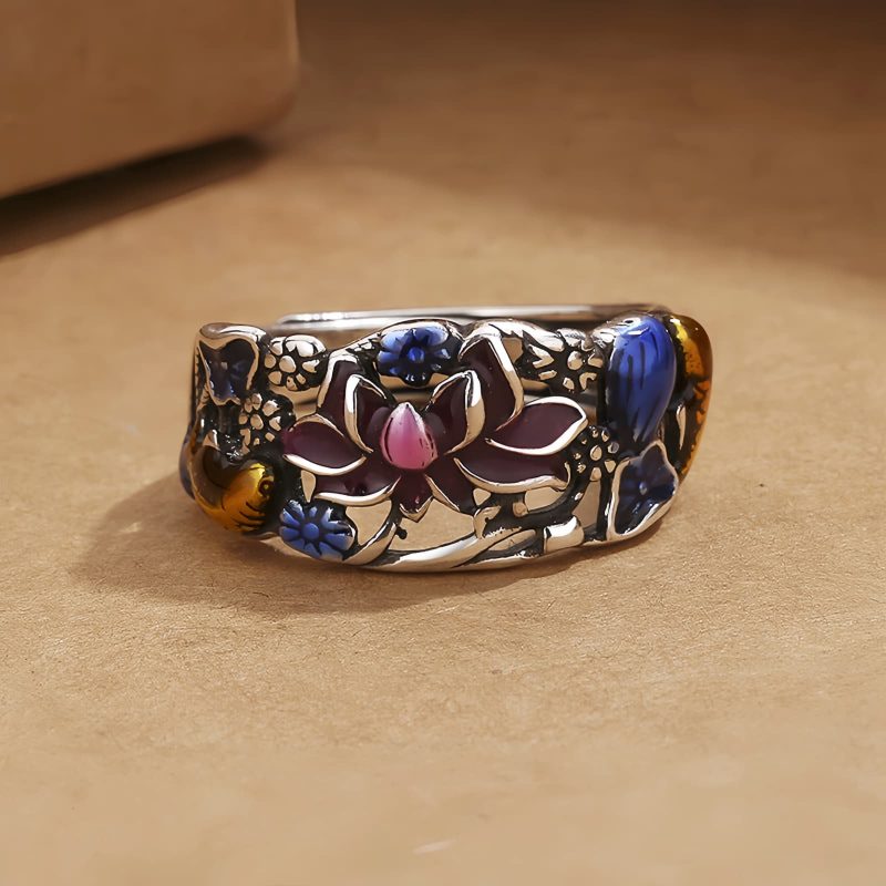 Anillo de la Suerte con Carpa Koi y Loto de Cobre Copper Koi Fish Lotus Luck Ring