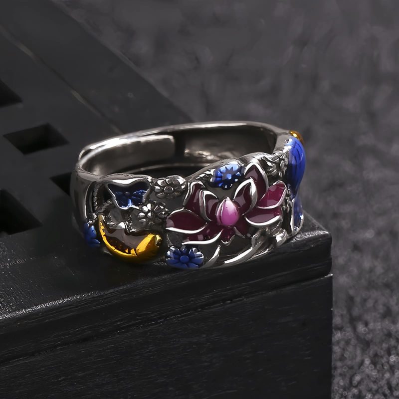 Anillo de la Suerte con Carpa Koi y Loto de Cobre Copper Koi Fish Lotus Luck Ring