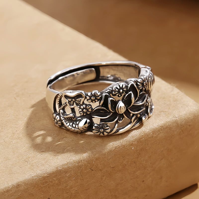 銅製蓮の花と鯉の魚 エンライトメントリング Copper Lotus Koi Fish Enlightenment Ring