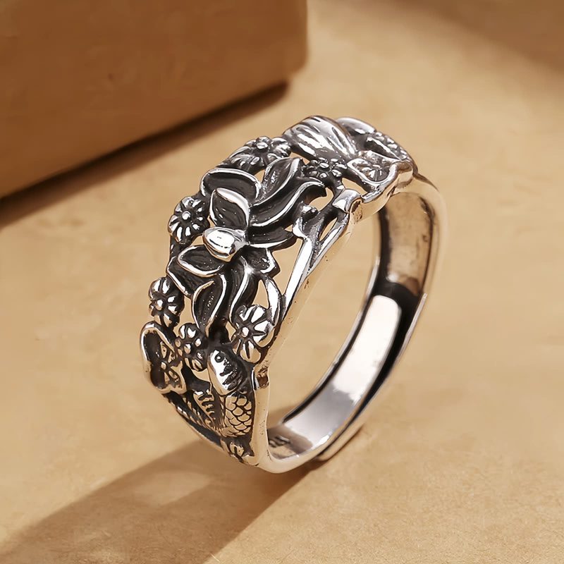 銅製蓮の花と鯉の魚 エンライトメントリング Copper Lotus Koi Fish Enlightenment Ring