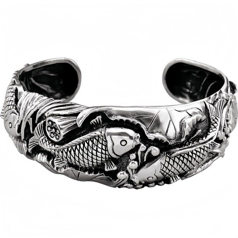 Pulseira de Carpa Prateada com Banho de Cobre e Lótus para Riqueza Copper Plated Silver Koi Fish Lotus Wealth Bracelet