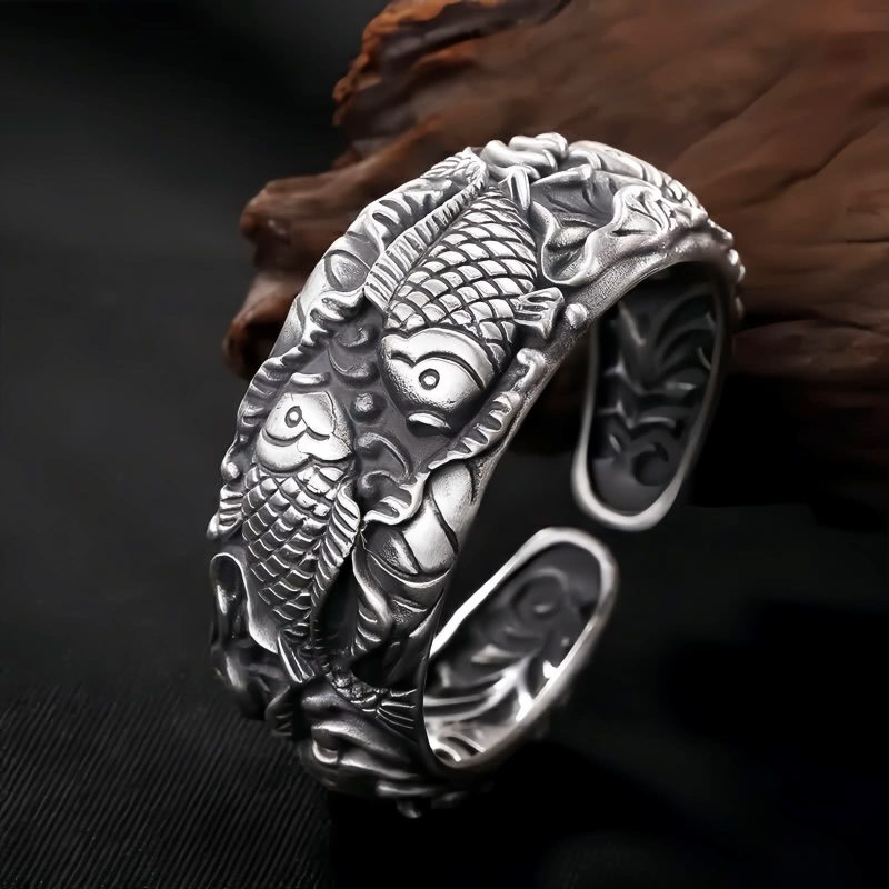 Pulseira de Carpa Prateada com Banho de Cobre e Lótus para Riqueza Copper Plated Silver Koi Fish Lotus Wealth Bracelet