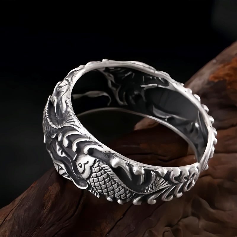 Pulseira de Carpa Prateada com Banho de Cobre e Lótus para Riqueza Copper Plated Silver Koi Fish Lotus Wealth Bracelet