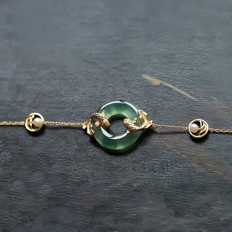 Pulseira Harmonia Carpa de Jade Ciano Cyan Jade Koi Fish Harmony Bracelet