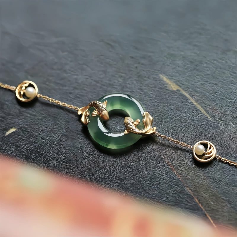 Pulseira Harmonia Carpa de Jade Ciano Cyan Jade Koi Fish Harmony Bracelet