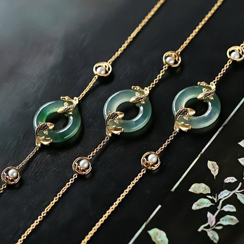 Pulseira Harmonia Carpa de Jade Ciano Cyan Jade Koi Fish Harmony Bracelet