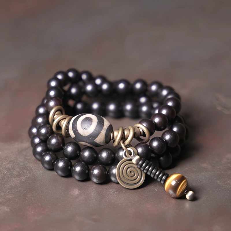 Pulseira de Proteção em Ébano, Contas Dzi e Cobre Ebony Dzi Bead Copper Protection Bracelet