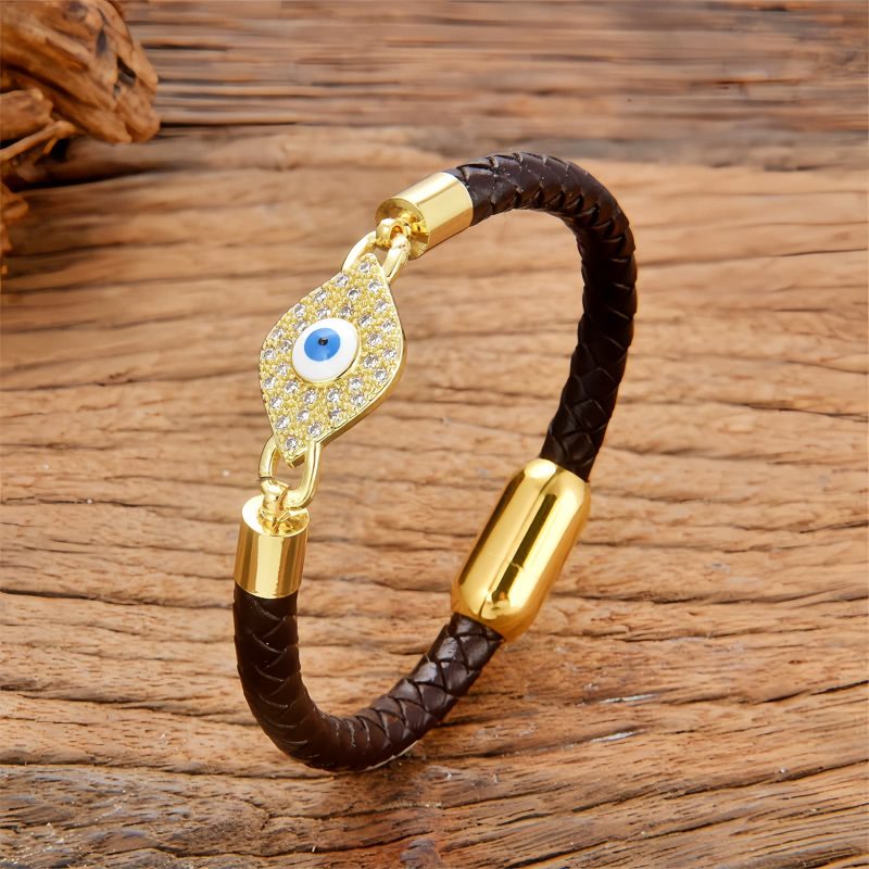 Pulseira de Couro com Olho Grego e Aço Inoxidável Evil Eye Leather Stainless Steel Bracelet