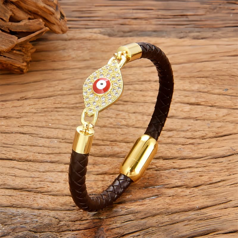 Pulseira de Couro com Olho Grego e Aço Inoxidável Evil Eye Leather Stainless Steel Bracelet