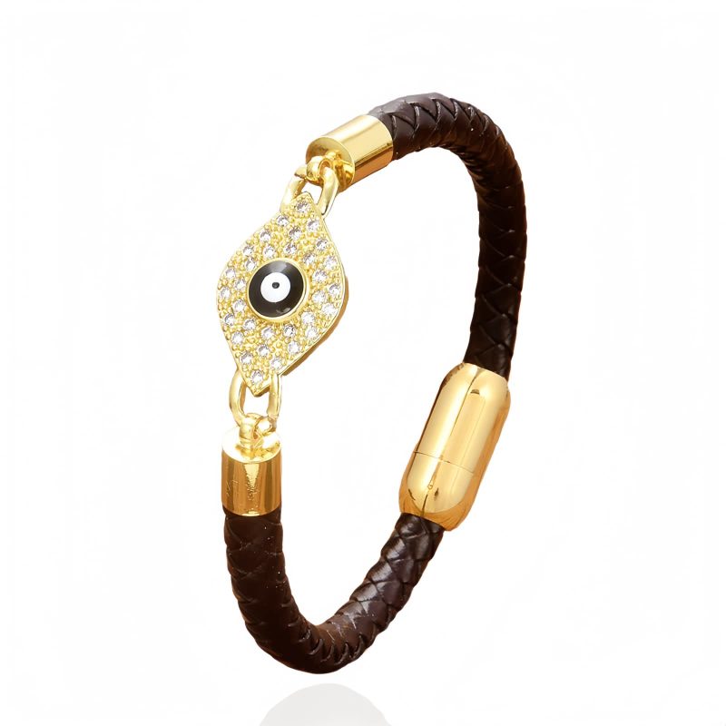Pulseira de Couro com Olho Grego e Aço Inoxidável Evil Eye Leather Stainless Steel Bracelet