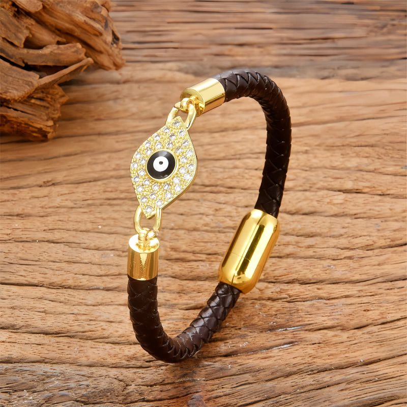 Pulseira de Couro com Olho Grego e Aço Inoxidável Evil Eye Leather Stainless Steel Bracelet