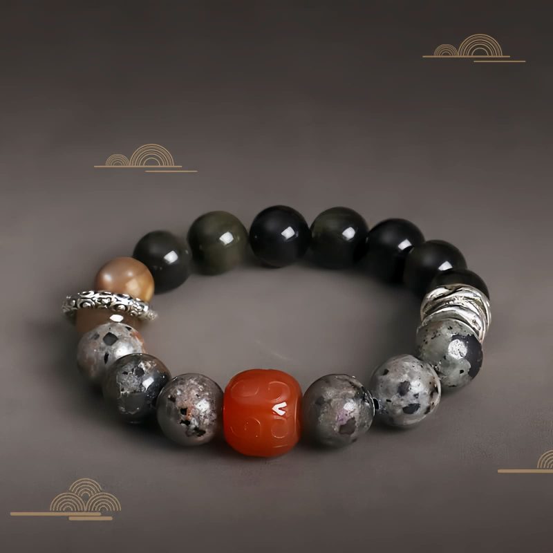 Pulsera de Protección con Obsidiana Dorada, Ágata Roja y Roca Volcánica Gold Sheen Obsidian Red Agate Protection Bracelet