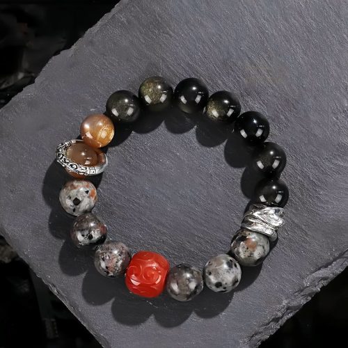 Pulsera de Protección con Obsidiana Dorada, Ágata Roja y Roca Volcánica Pulsera de Protección con Obsidiana Dorada, Ágata Roja y Roca Volcánica